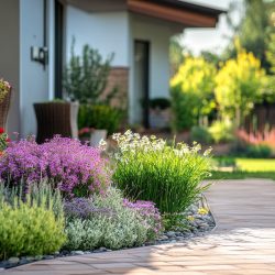 Front yard with decorative plants and flowers, providing copy space for advertising.